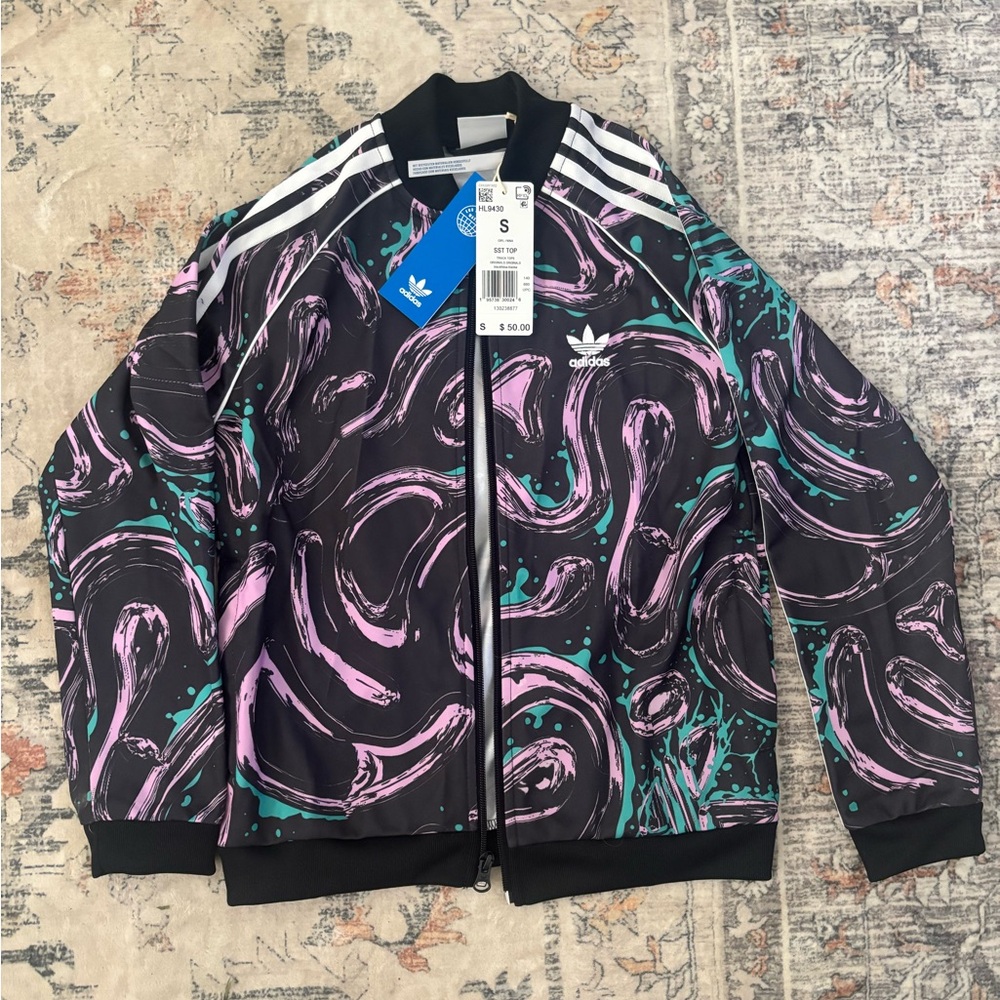 Adidas Black and Purple Graphic SST Top